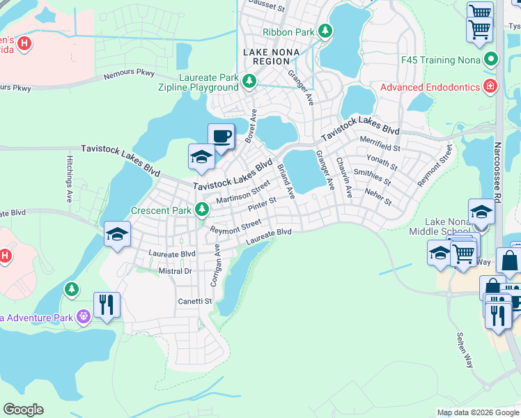map of restaurants, bars, coffee shops, grocery stores, and more near 13818 Heaney Avenue in Orlando