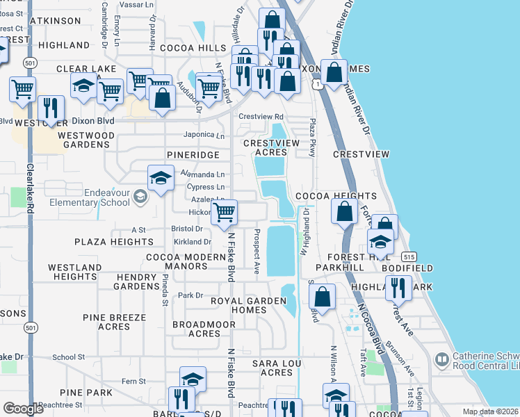 map of restaurants, bars, coffee shops, grocery stores, and more near 802 Prospect Avenue in Cocoa