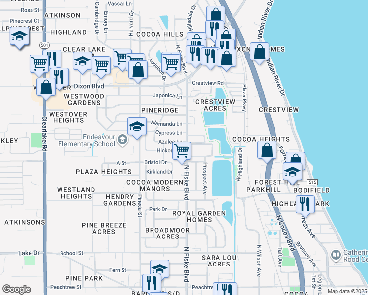 map of restaurants, bars, coffee shops, grocery stores, and more near 1045 Hickory Lane in Cocoa