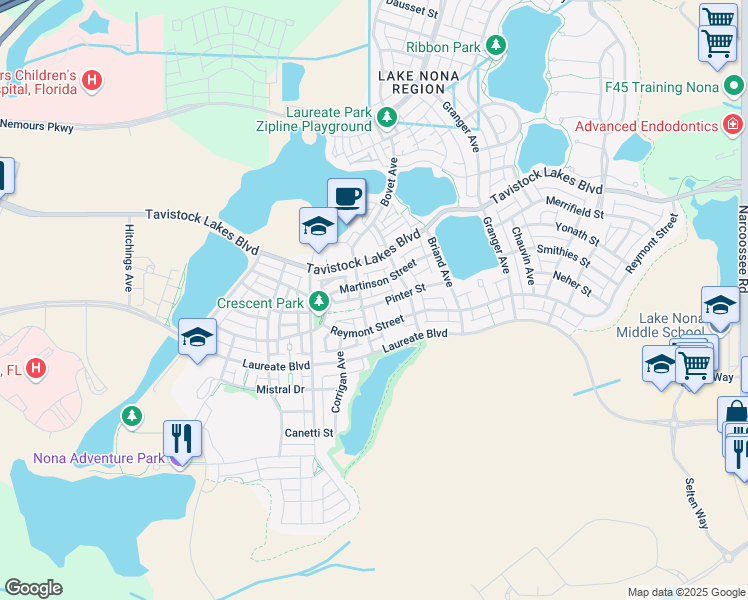 map of restaurants, bars, coffee shops, grocery stores, and more near 8493 Greider Way in Orlando