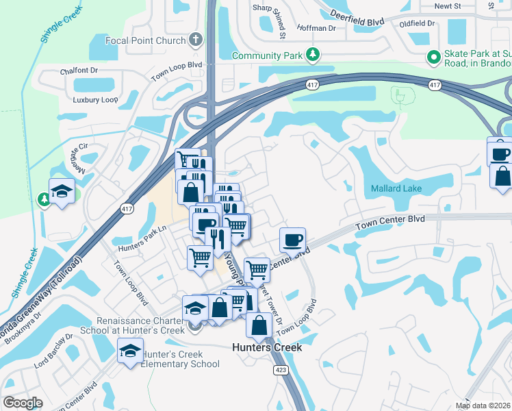 map of restaurants, bars, coffee shops, grocery stores, and more near 4042 Township Square Boulevard in Orlando