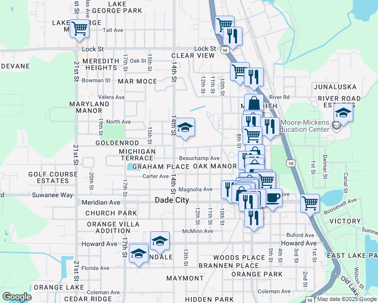 map of restaurants, bars, coffee shops, grocery stores, and more near 14429 12th Street in Dade City