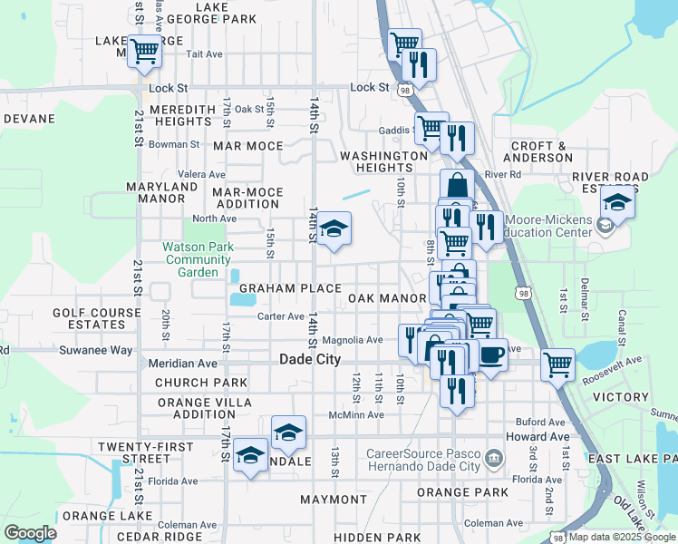 map of restaurants, bars, coffee shops, grocery stores, and more near 14429 12th Street in Dade City