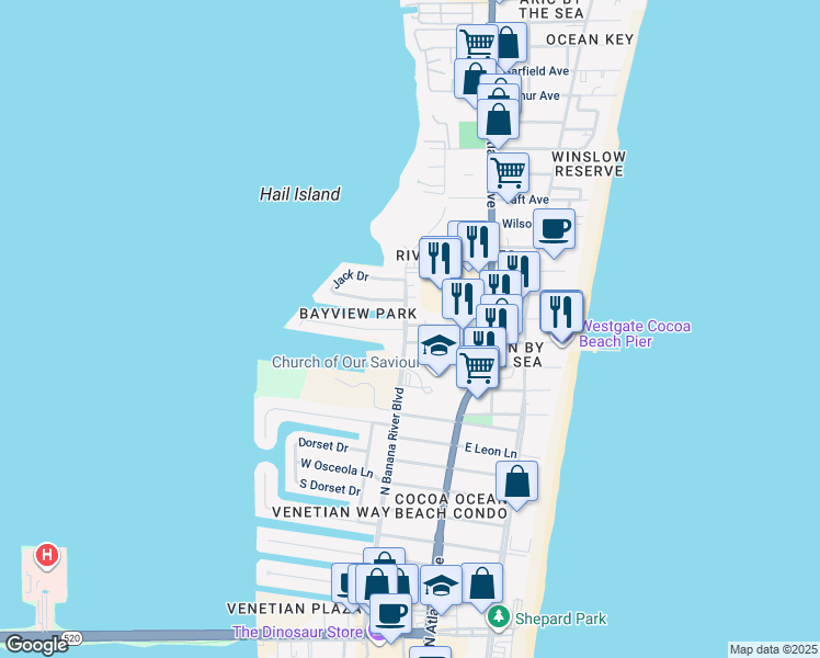 map of restaurants, bars, coffee shops, grocery stores, and more near 302 Kent Drive in Cocoa Beach