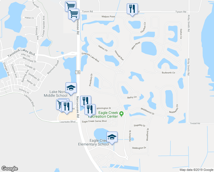 map of restaurants, bars, coffee shops, grocery stores, and more near 8450 Kelsall Drive in Orlando