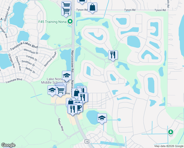 map of restaurants, bars, coffee shops, grocery stores, and more near 8333 Prestbury Drive in Orlando