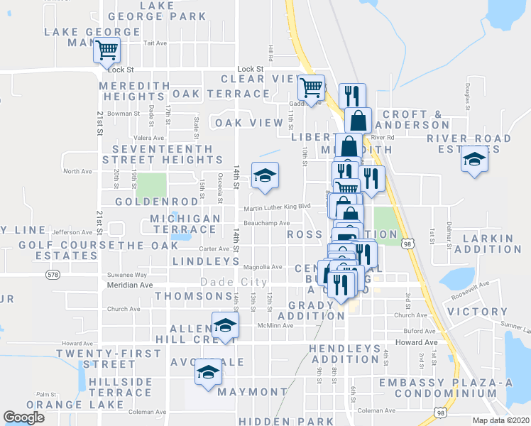 map of restaurants, bars, coffee shops, grocery stores, and more near 14429 12th Street in Dade City