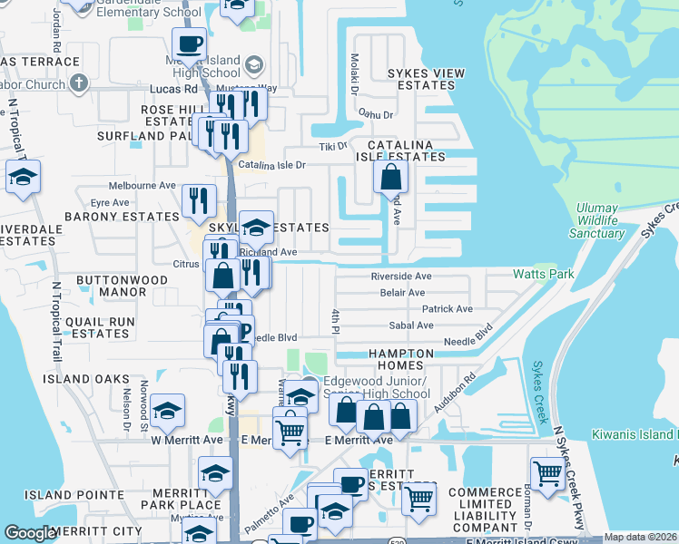map of restaurants, bars, coffee shops, grocery stores, and more near 240 Riverside Avenue in Merritt Island