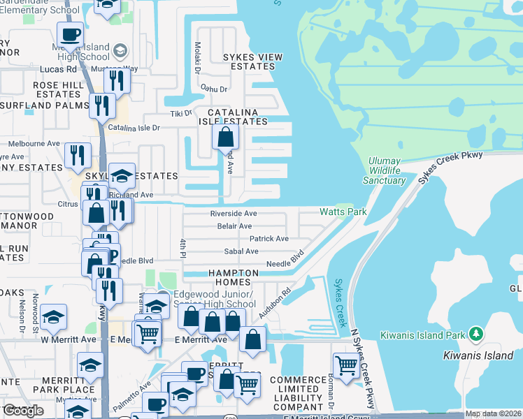 map of restaurants, bars, coffee shops, grocery stores, and more near 425 Riverside Avenue in Merritt Island