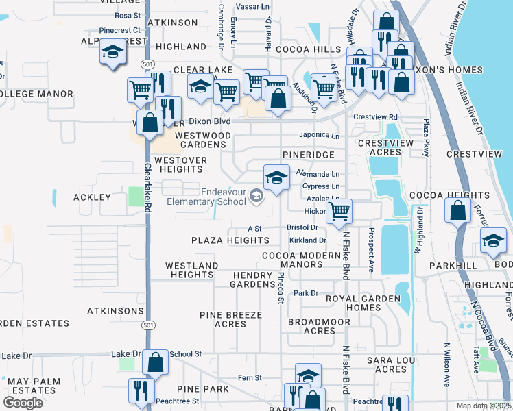 map of restaurants, bars, coffee shops, grocery stores, and more near 905 Pineda Street in Cocoa