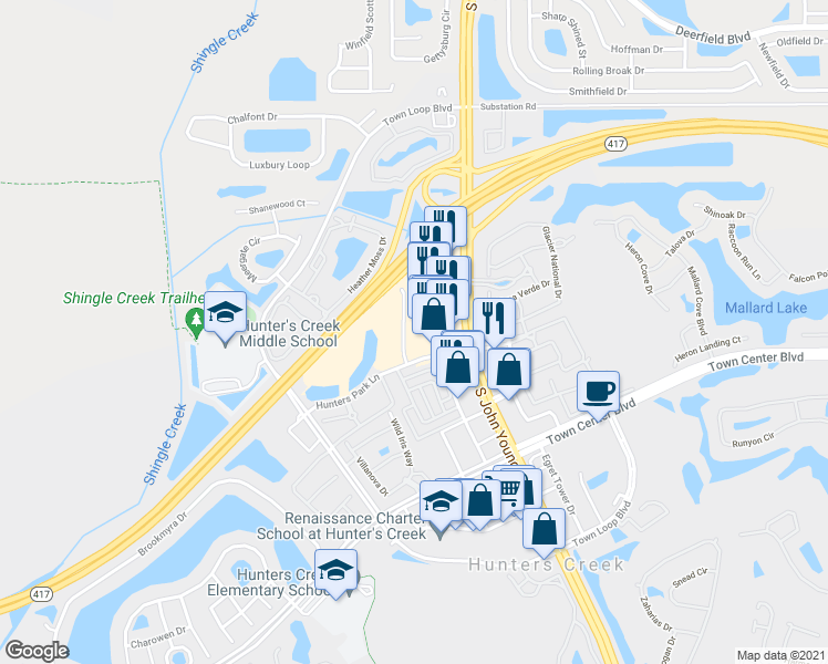 map of restaurants, bars, coffee shops, grocery stores, and more near 13574 South John Young Parkway in Orlando