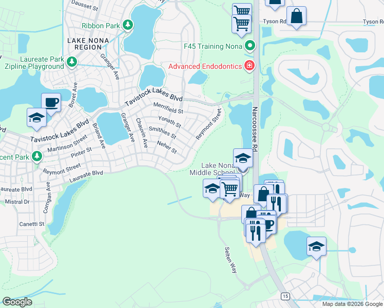 map of restaurants, bars, coffee shops, grocery stores, and more near 9278 Reymont Street in Orlando