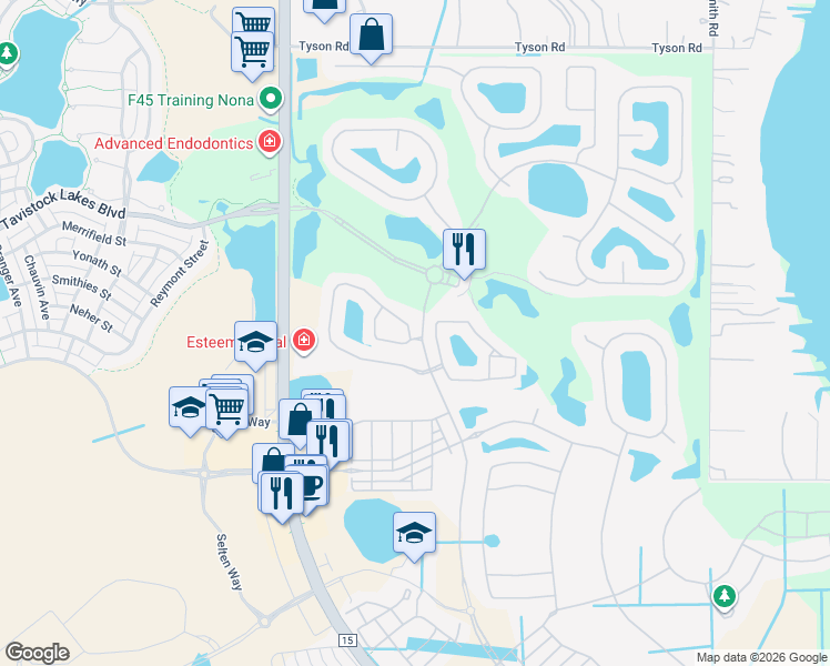 map of restaurants, bars, coffee shops, grocery stores, and more near 8000 Prestbury Drive in Orlando