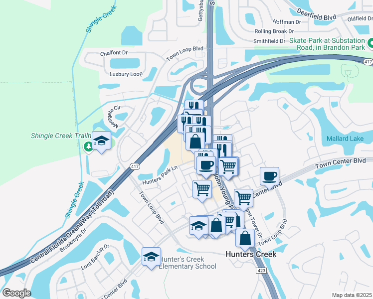 map of restaurants, bars, coffee shops, grocery stores, and more near 13574 South John Young Parkway in Orlando