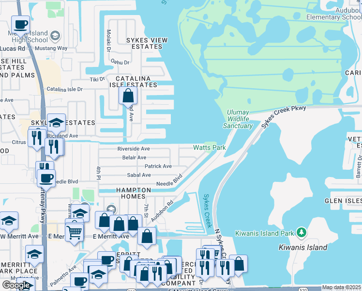 map of restaurants, bars, coffee shops, grocery stores, and more near 565 Paula Avenue in Merritt Island