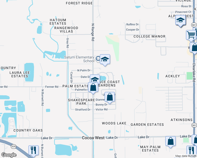 map of restaurants, bars, coffee shops, grocery stores, and more near 788 Lunar Lake Circle in Cocoa