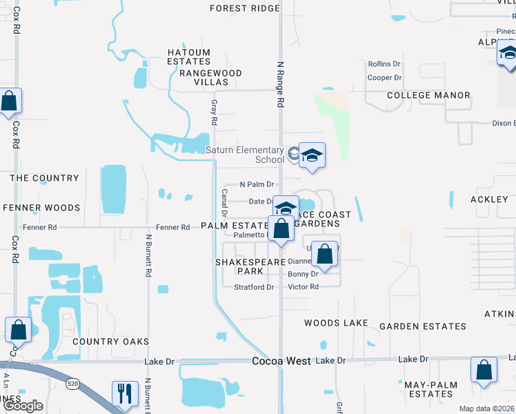 map of restaurants, bars, coffee shops, grocery stores, and more near 2532 Cocoanut Drive in Cocoa
