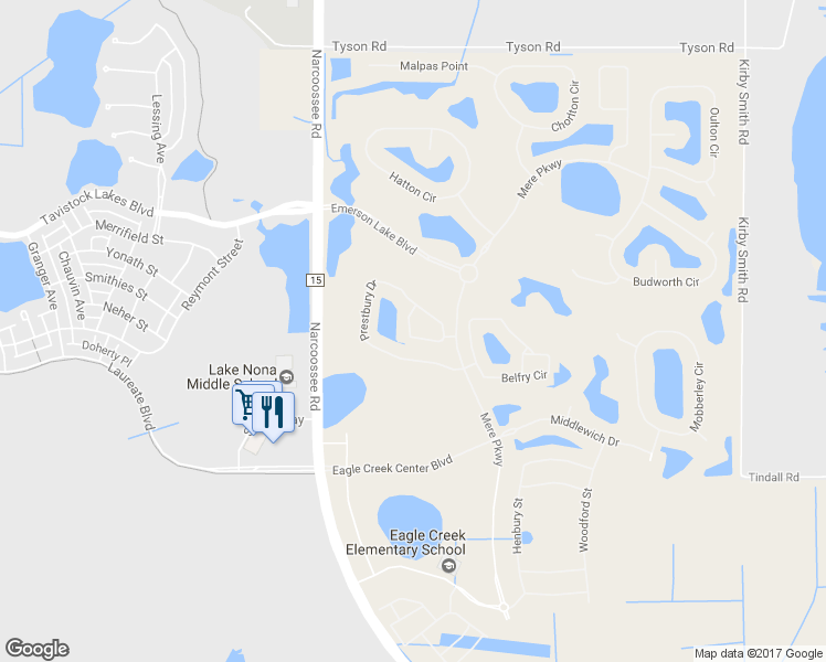 map of restaurants, bars, coffee shops, grocery stores, and more near 8333 Prestbury Drive in Orlando