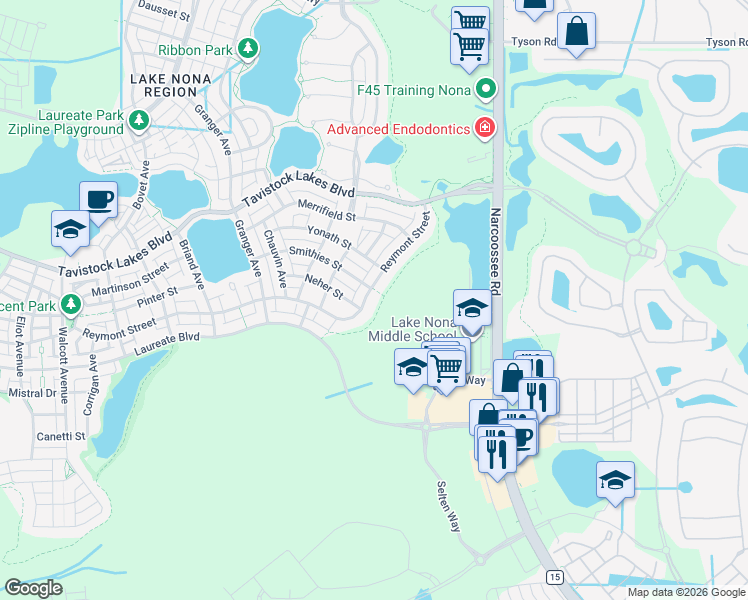 map of restaurants, bars, coffee shops, grocery stores, and more near 9278 Reymont Street in Orlando