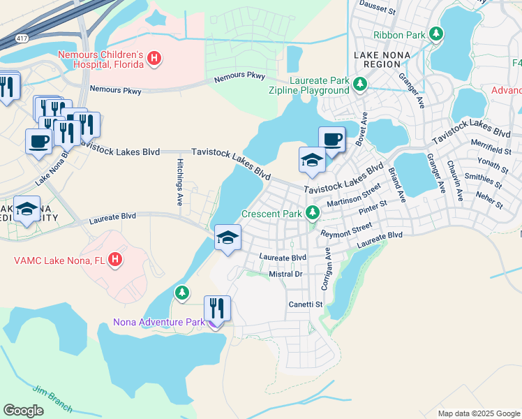 map of restaurants, bars, coffee shops, grocery stores, and more near 8021 Greengard Street in Orlando