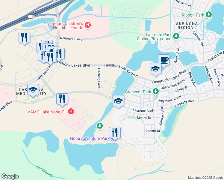map of restaurants, bars, coffee shops, grocery stores, and more near Laureate Boulevard in Orlando
