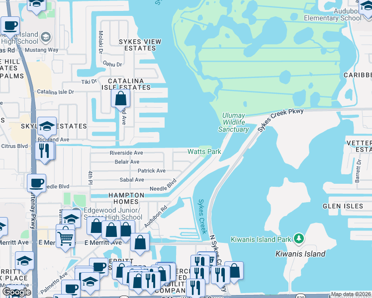 map of restaurants, bars, coffee shops, grocery stores, and more near 610 Paula Avenue in Merritt Island
