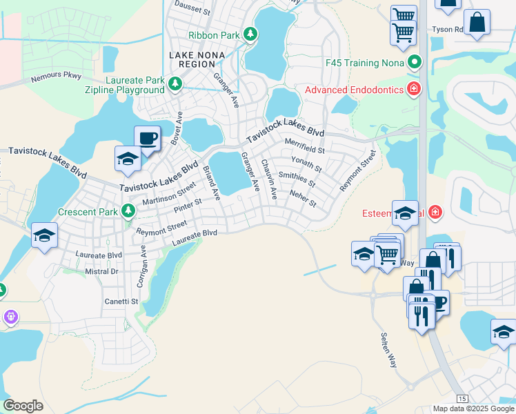 map of restaurants, bars, coffee shops, grocery stores, and more near Reymont Street in Orlando