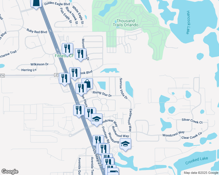 map of restaurants, bars, coffee shops, grocery stores, and more near 1505 Blue Sky Way in Clermont