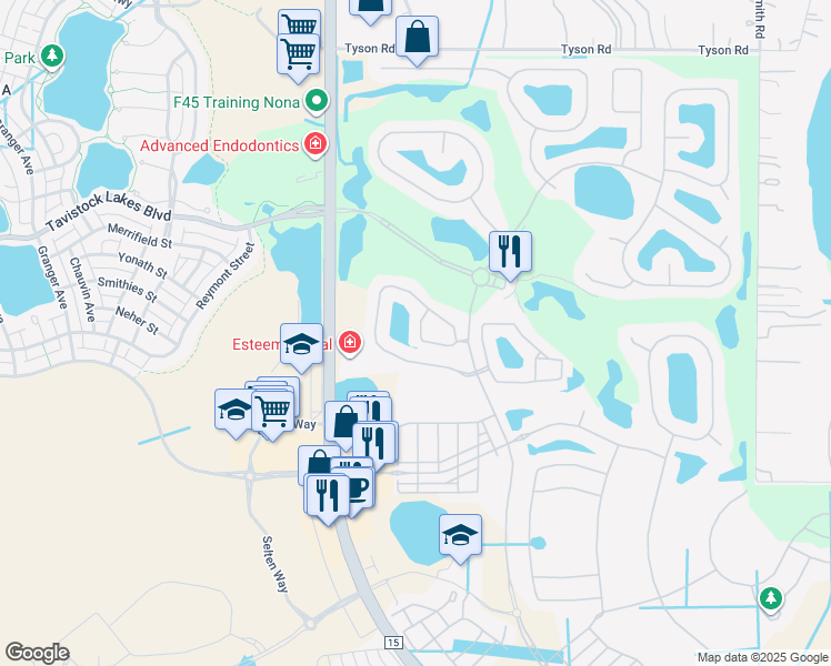 map of restaurants, bars, coffee shops, grocery stores, and more near 8333 Prestbury Drive in Orlando