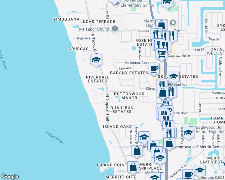 map of restaurants, bars, coffee shops, grocery stores, and more near 355 Hunt Drive in Merritt Island