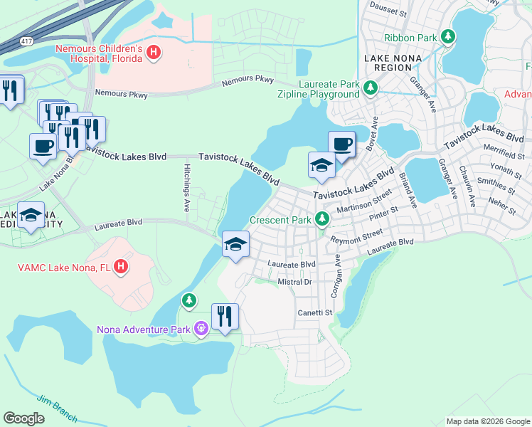 map of restaurants, bars, coffee shops, grocery stores, and more near 13771 Benavente Avenue in Orlando