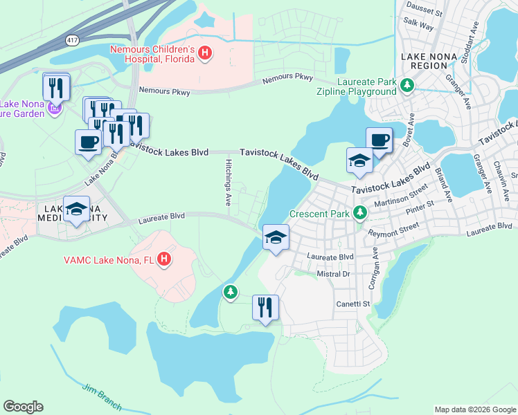 map of restaurants, bars, coffee shops, grocery stores, and more near Laureate Boulevard in Orlando