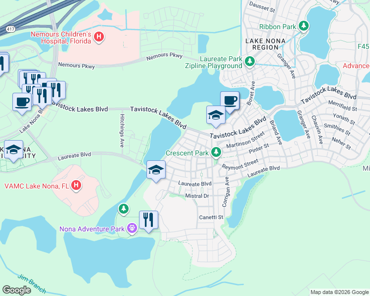 map of restaurants, bars, coffee shops, grocery stores, and more near Schelling Street in Orlando