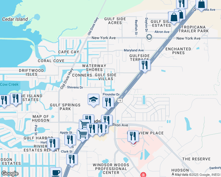 map of restaurants, bars, coffee shops, grocery stores, and more near 7415 Flounder Drive in Hudson