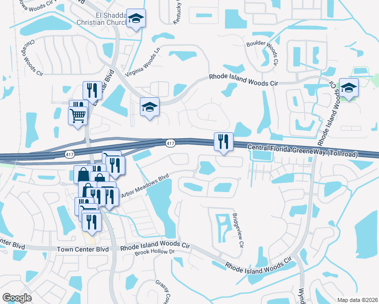 map of restaurants, bars, coffee shops, grocery stores, and more near 1833 Portofino Meadows Boulevard in Orlando