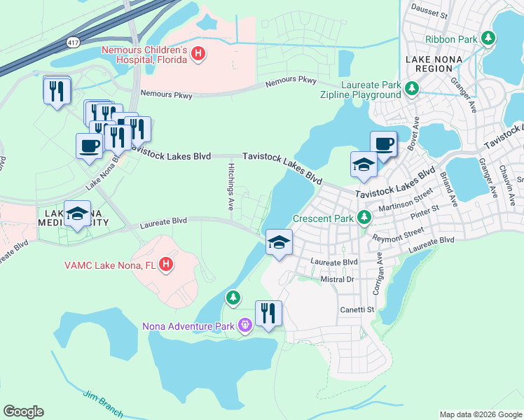 map of restaurants, bars, coffee shops, grocery stores, and more near Laureate Boulevard in Orlando