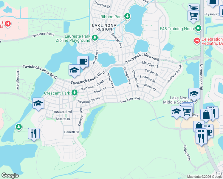 map of restaurants, bars, coffee shops, grocery stores, and more near 8687 Reymont Street in Orlando