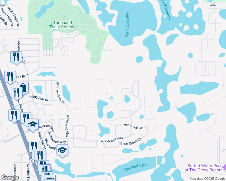 map of restaurants, bars, coffee shops, grocery stores, and more near 17349 Serenidad Boulevard in Clermont