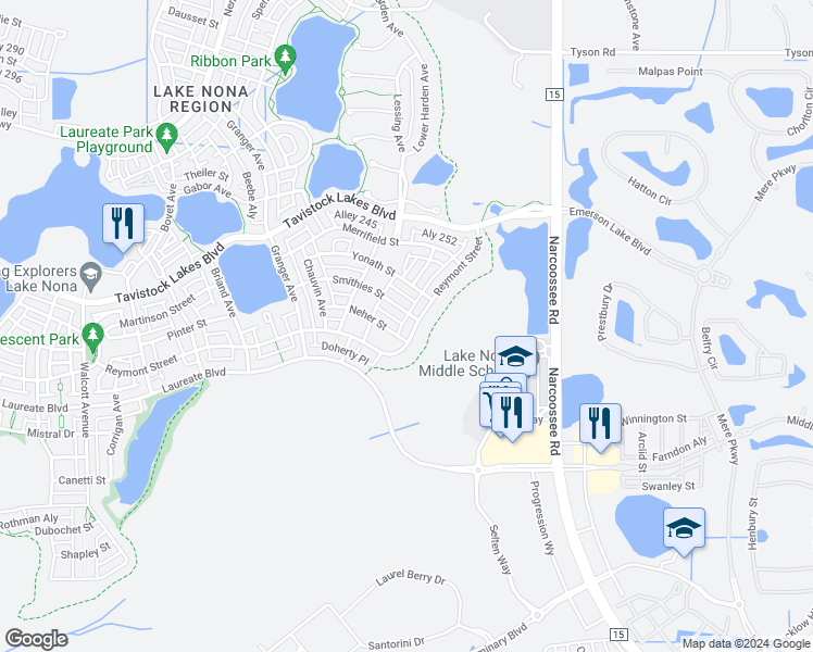 map of restaurants, bars, coffee shops, grocery stores, and more near 9361 Reymont Street in Orlando