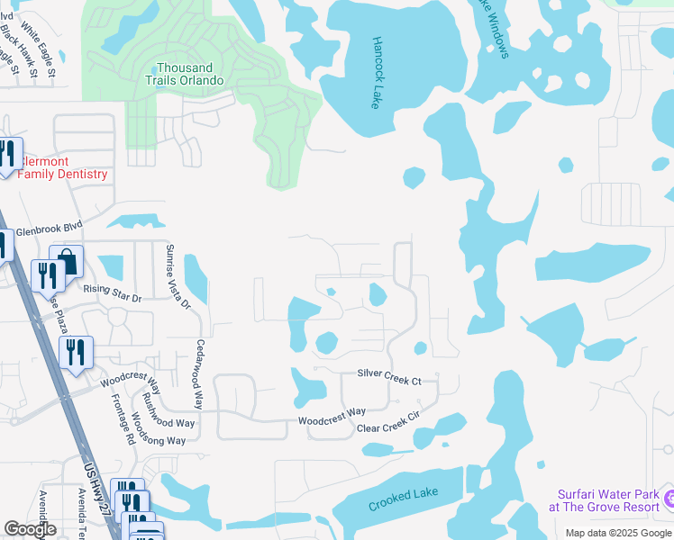 map of restaurants, bars, coffee shops, grocery stores, and more near 17349 Serenidad Boulevard in Clermont