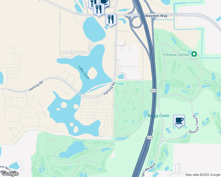 map of restaurants, bars, coffee shops, grocery stores, and more near 15638 Hartzog Road in Winter Garden