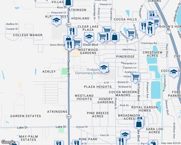 map of restaurants, bars, coffee shops, grocery stores, and more near 2422 Elsie Circle in Cocoa