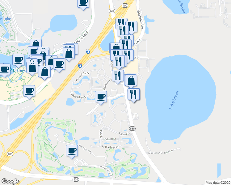 map of restaurants, bars, coffee shops, grocery stores, and more near 8801 Vistana Centre Drive in Orlando