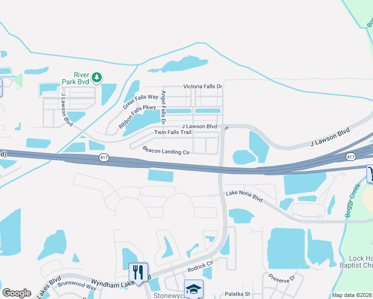 map of restaurants, bars, coffee shops, grocery stores, and more near 2074 Beacon Landing Circle in Orlando