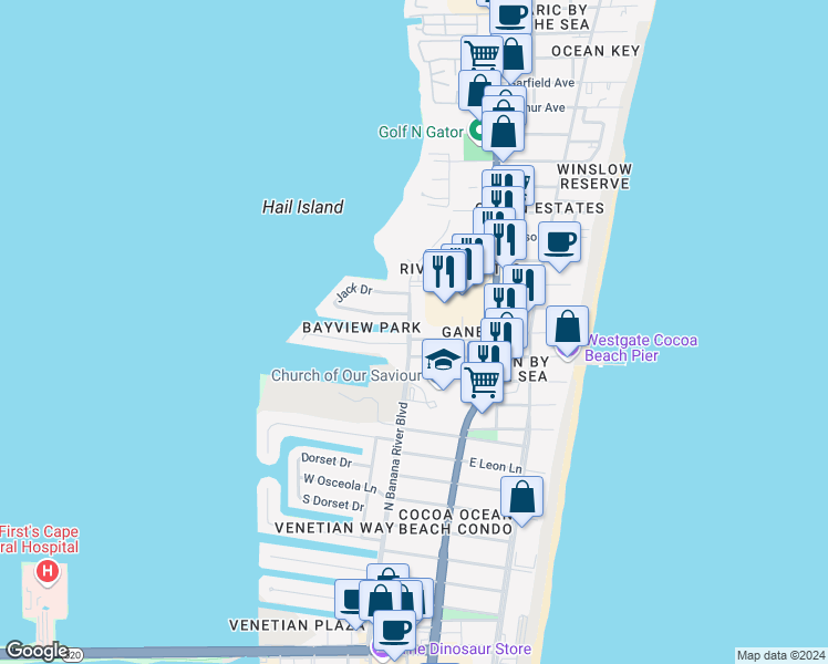 map of restaurants, bars, coffee shops, grocery stores, and more near 5610 North Banana River Boulevard in Cocoa Beach