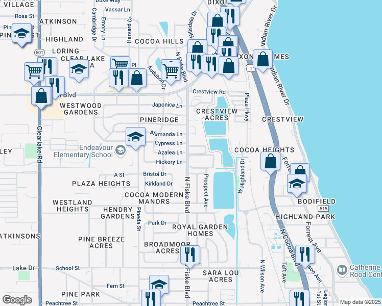 map of restaurants, bars, coffee shops, grocery stores, and more near 1010 North Fiske Boulevard in Cocoa
