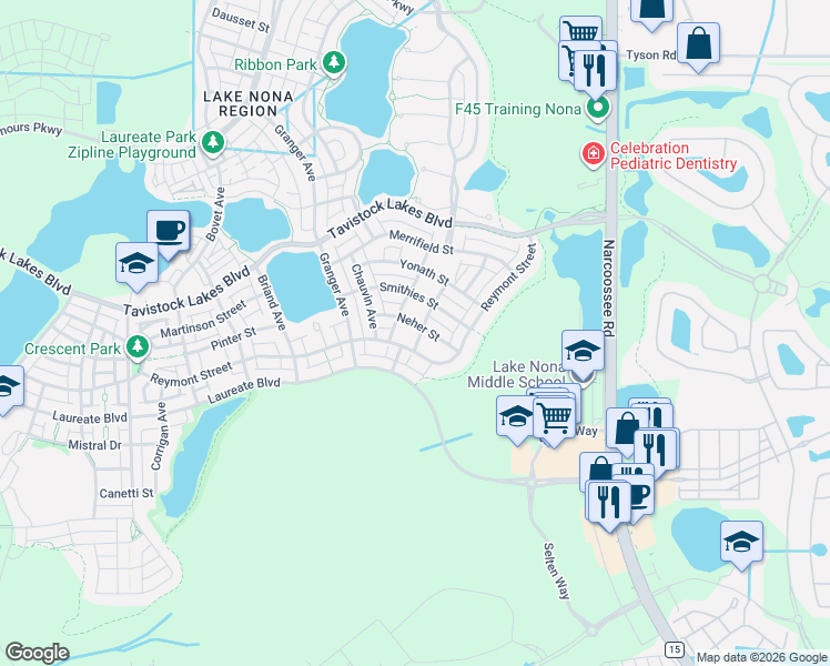 map of restaurants, bars, coffee shops, grocery stores, and more near 13768 Grunberg Avenue in Orlando