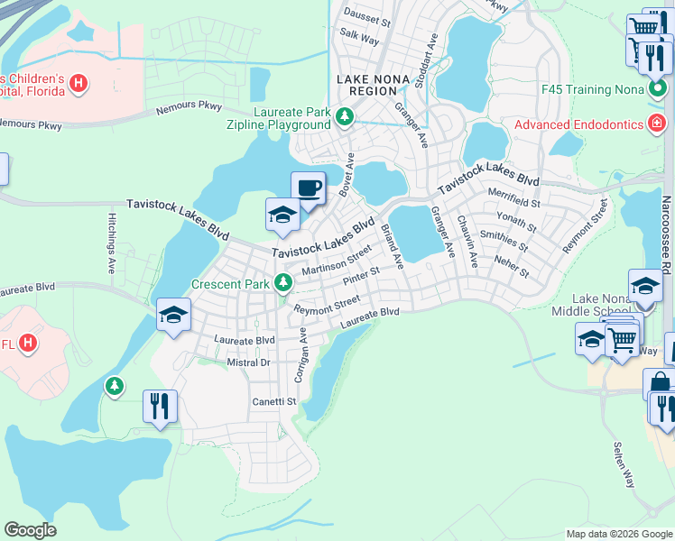 map of restaurants, bars, coffee shops, grocery stores, and more near 8550 Martinson Street in Orlando