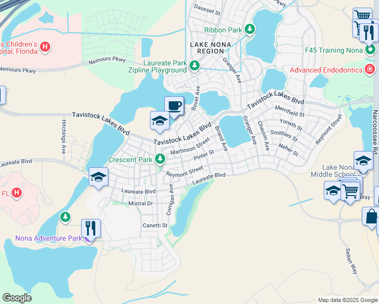 map of restaurants, bars, coffee shops, grocery stores, and more near 8548 Martinson Street in Orlando