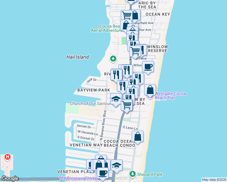 map of restaurants, bars, coffee shops, grocery stores, and more near 5610 North Banana River Boulevard in Cocoa Beach